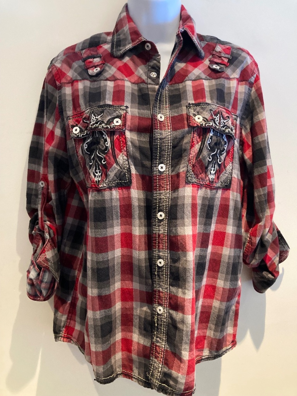 Red/Black Plaid Cowboy Shirt with Exclusive Detail, Size M